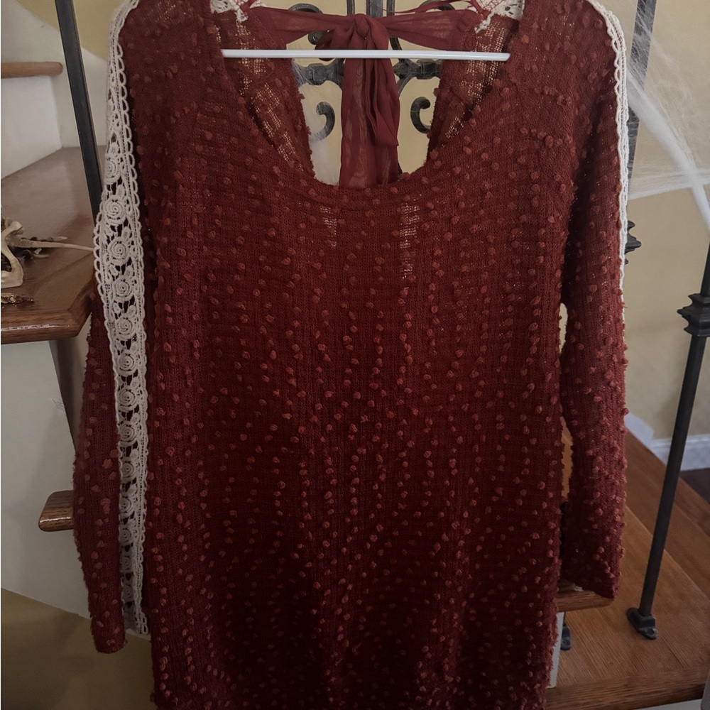 A'Reve Burgundy Textured Long Sleeve Dress